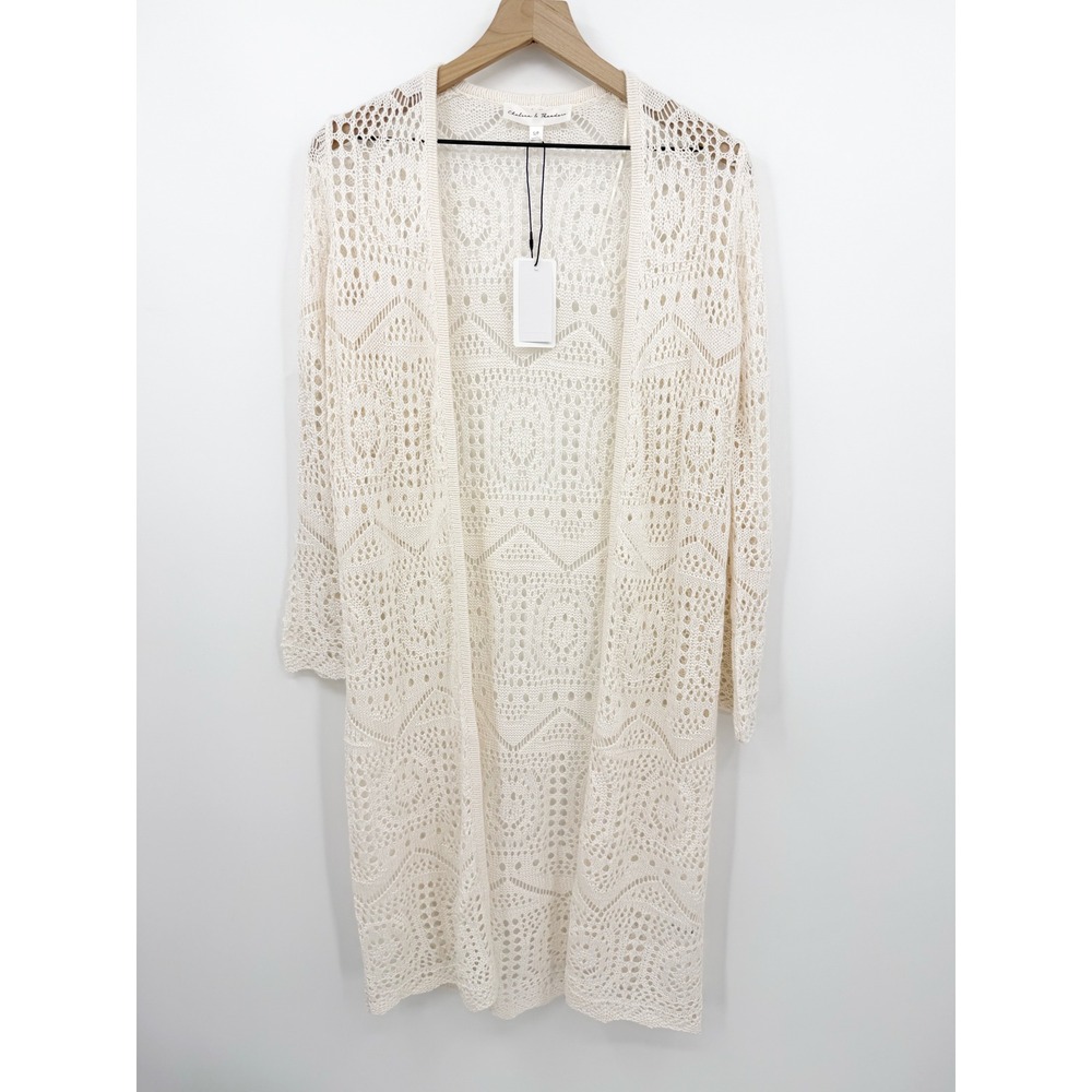 Chelsea & Theodore Crochet Long Duster Cardigan Open Knit Cream Small Boho Chic